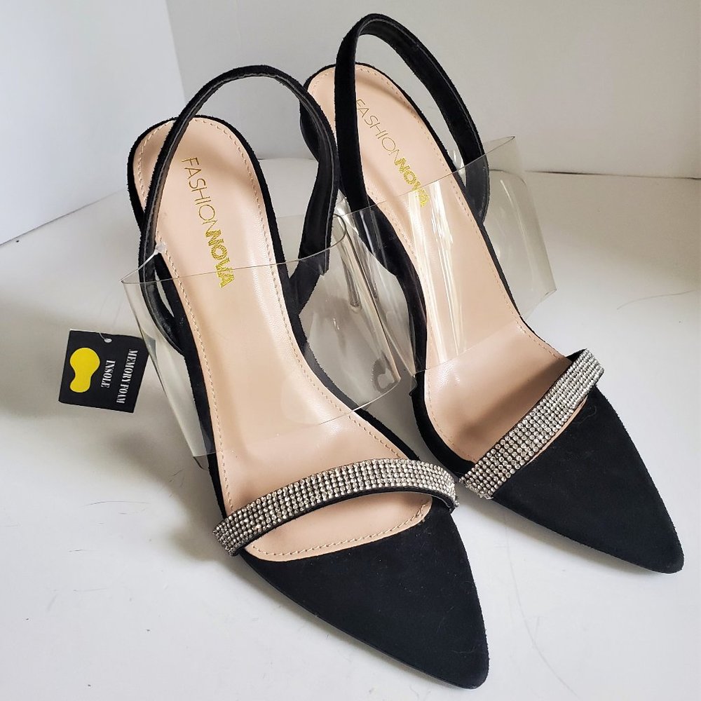 Fashion Nova Women's Heels Faux Leather and Rhinestone Clear Heels & Upper 8.5